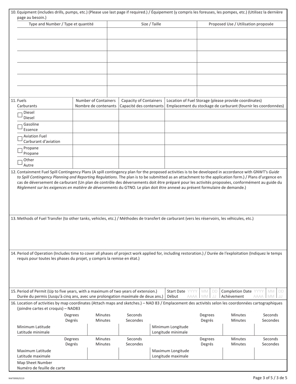 Form NWT8900 Application for Land Use Permit (For Applications in the Inuvialuit Settlement Region Only) - Northwest Territories, Canada (English / French), Page 3