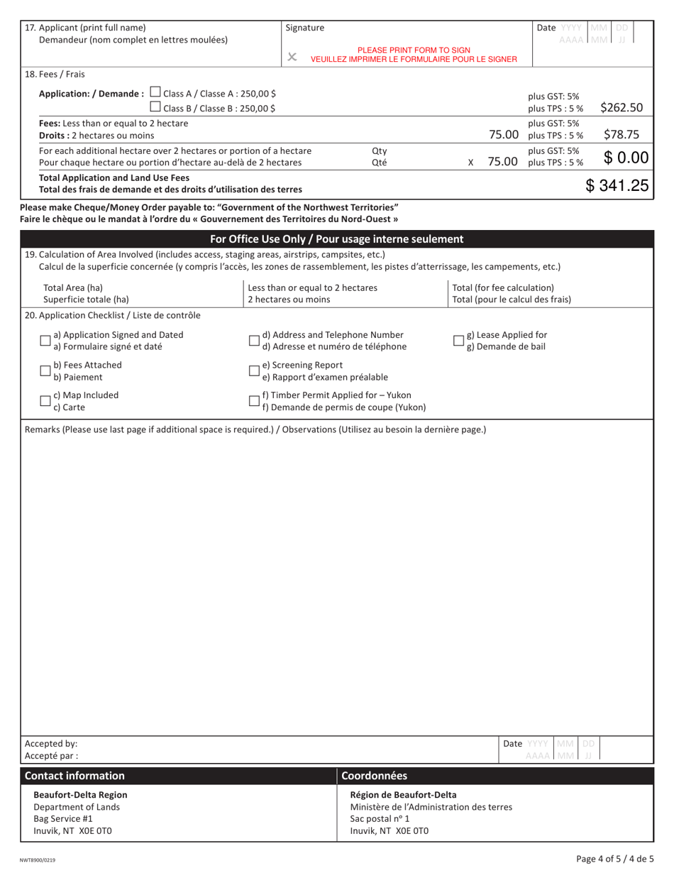 Form NWT8900 Application for Land Use Permit (For Applications in the Inuvialuit Settlement Region Only) - Northwest Territories, Canada (English / French), Page 4