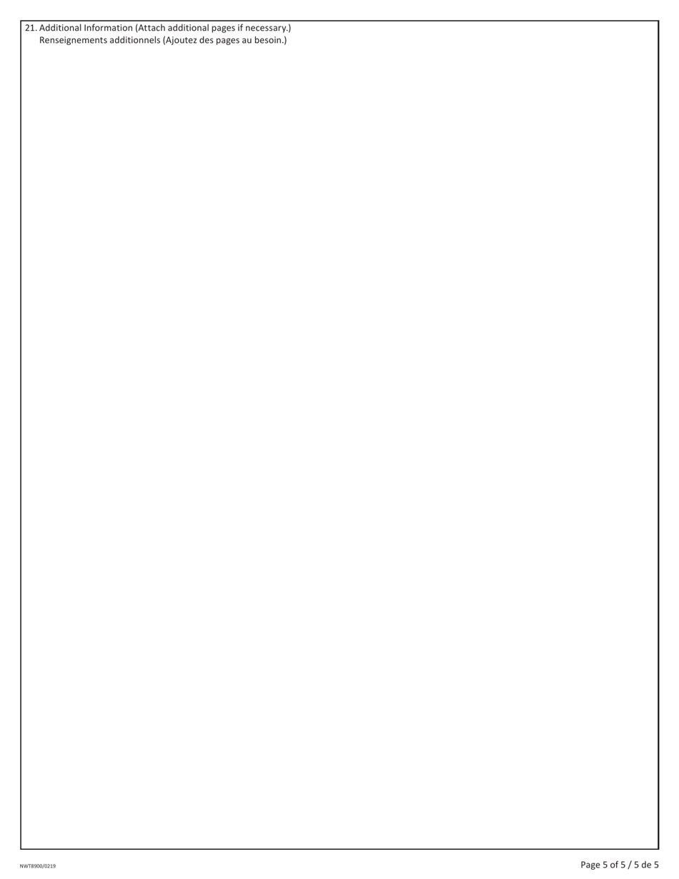 Form NWT8900 Application for Land Use Permit (For Applications in the Inuvialuit Settlement Region Only) - Northwest Territories, Canada (English / French), Page 5