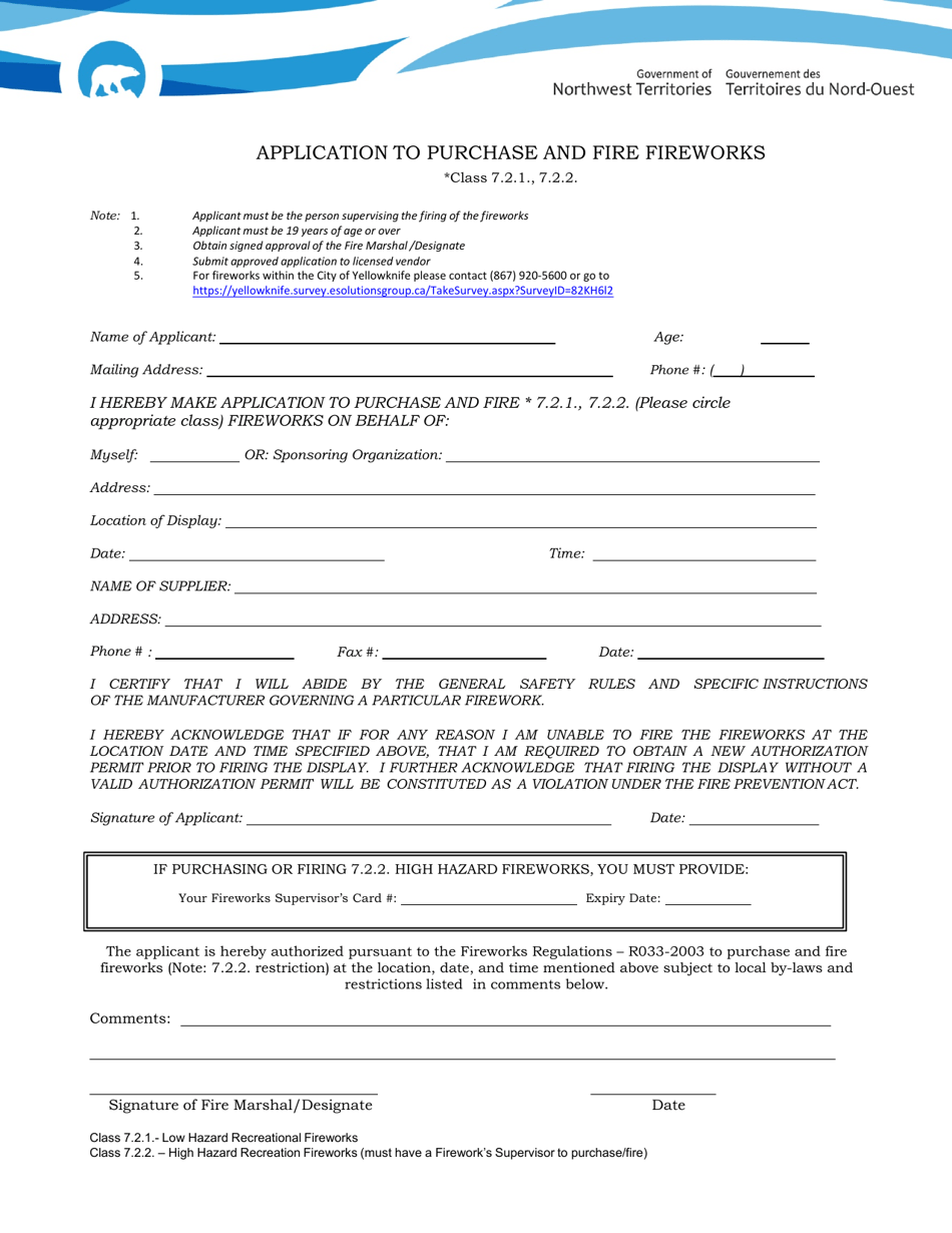 Application to Purchase and Fire Fireworks - Northwest Territories, Canada, Page 1