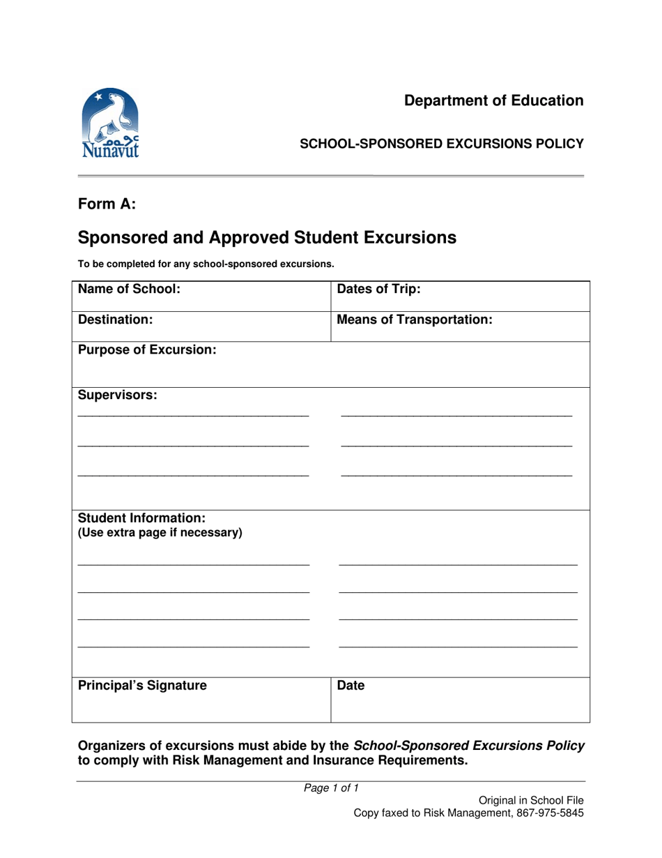 Form A Sponsored and Approved Student Excursions - Nunavut, Canada, Page 1