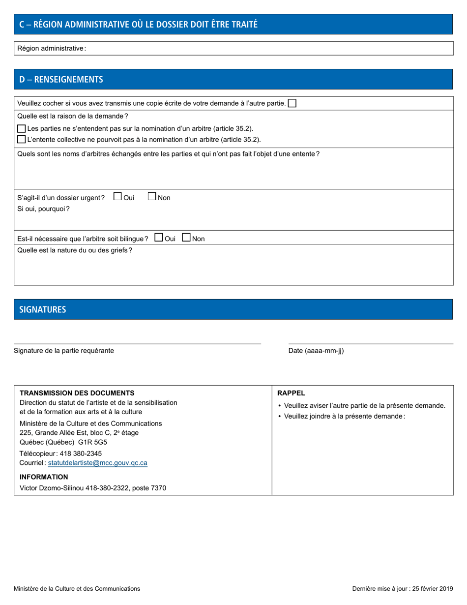 Demande De Designation Dun Arbitre De Grief - Quebec, Canada (French), Page 2