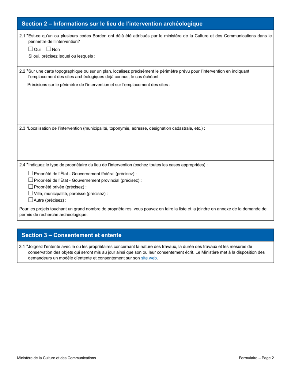 Recherche Archeologique Demande De Permis - Quebec, Canada (French), Page 2