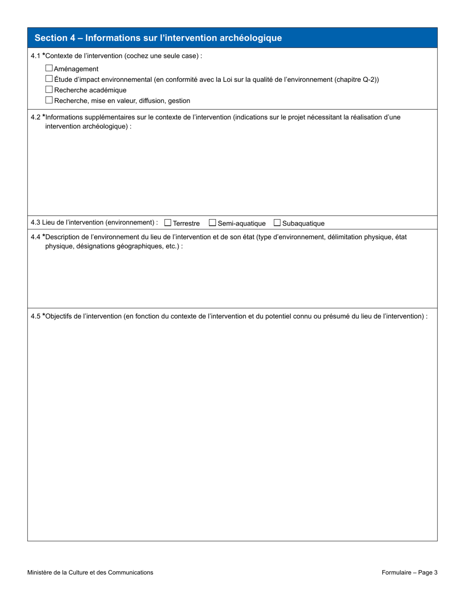Recherche Archeologique Demande De Permis - Quebec, Canada (French), Page 3