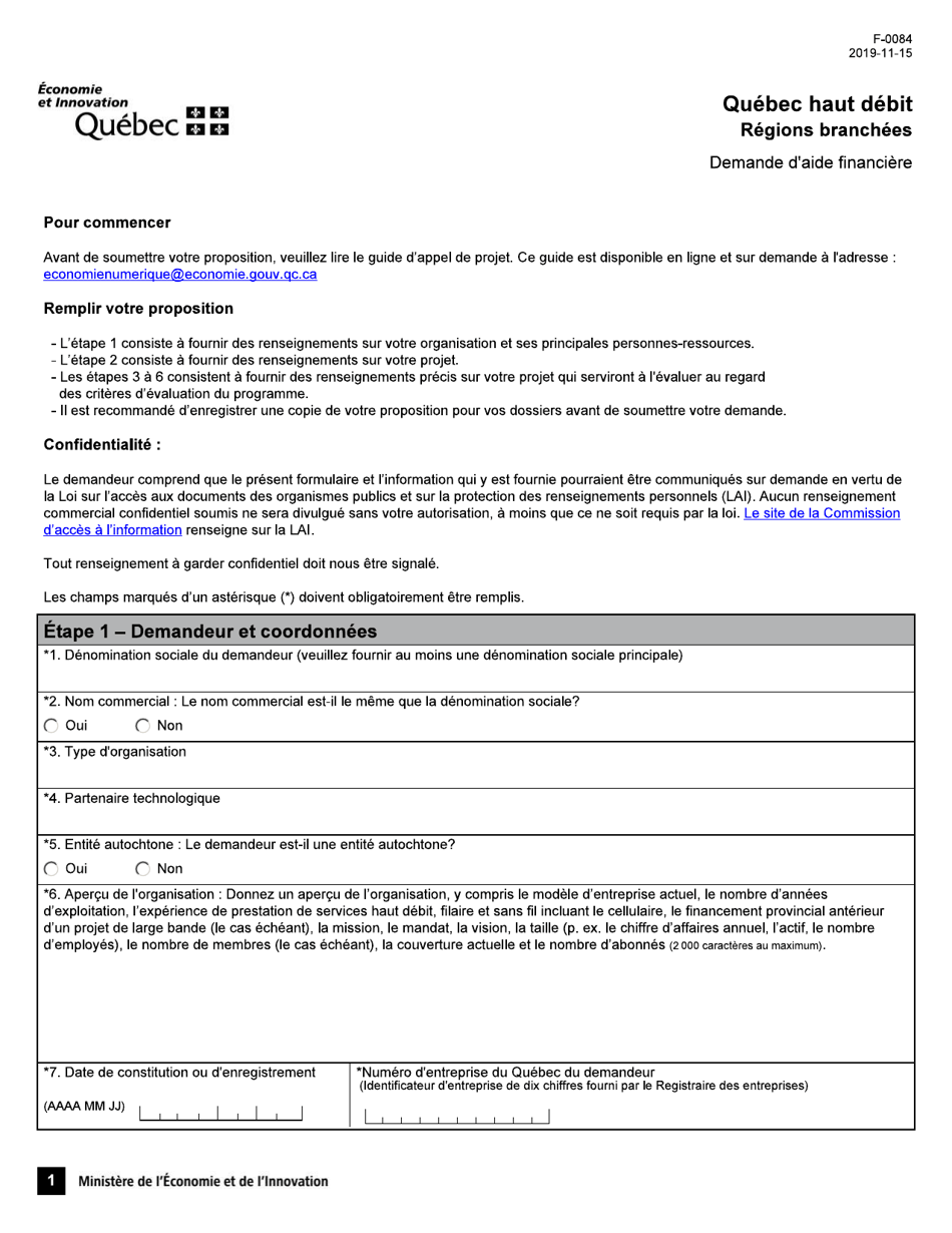 Forme F-0084 Quebec Haut Debit Regions Branchees Formulaire De Demande Daide Financiere - Quebec, Canada (French), Page 1