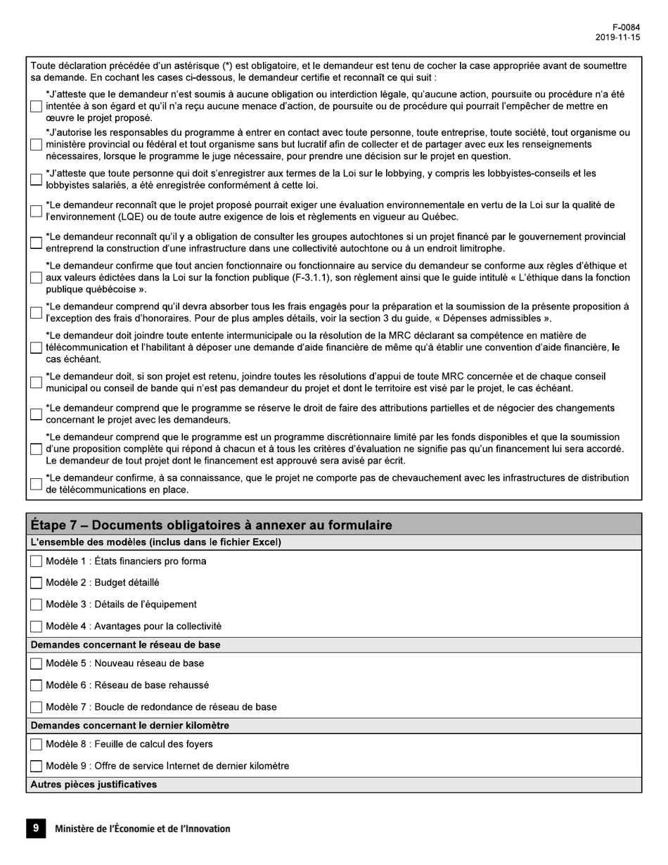 Forme F-0084 Quebec Haut Debit Regions Branchees Formulaire De Demande Daide Financiere - Quebec, Canada (French), Page 9