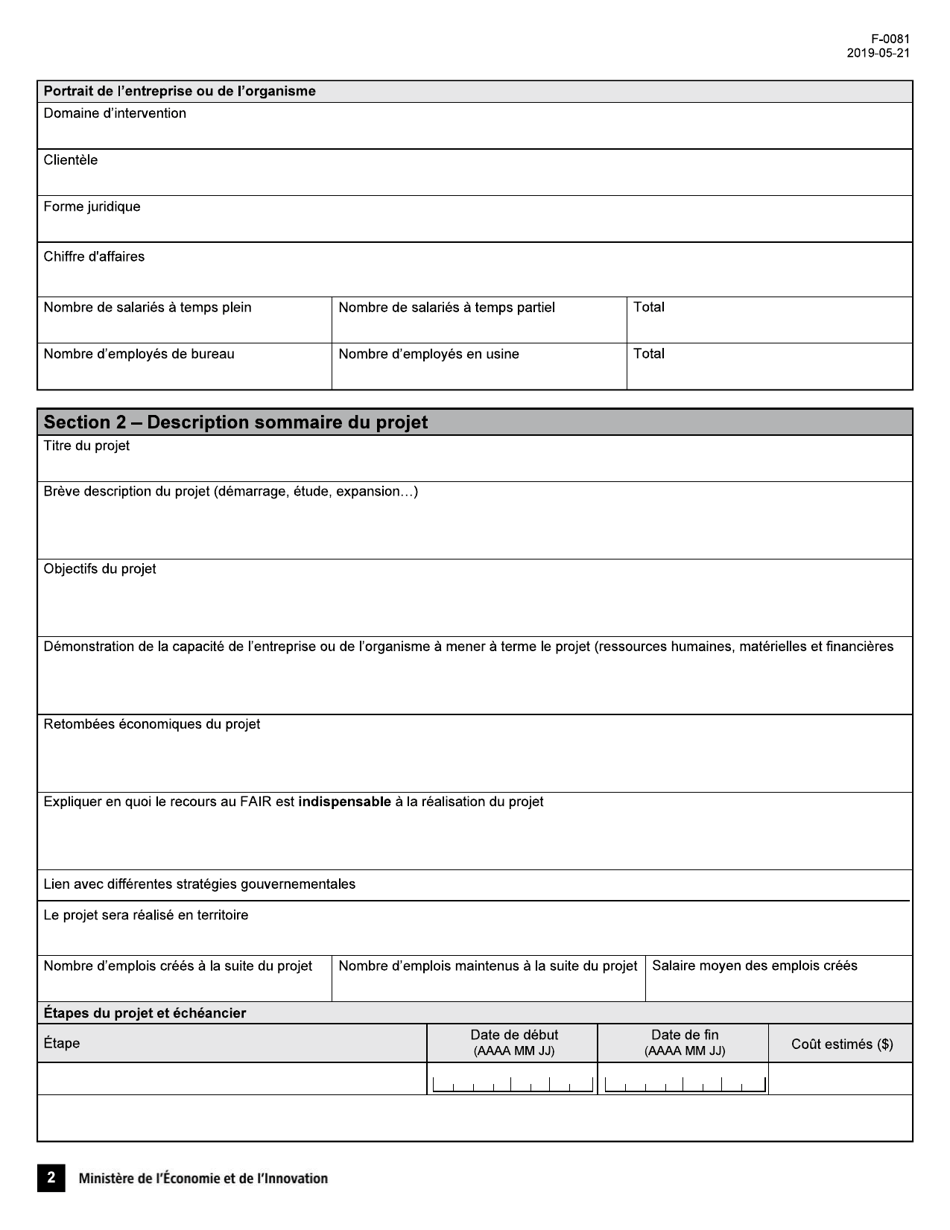 Forme F-0081 Fond Daide Aux Initiatives Regionales Gaspesie-Lles-De-la-Madeleine Demande Daide Financiere - Quebec, Canada (French), Page 2