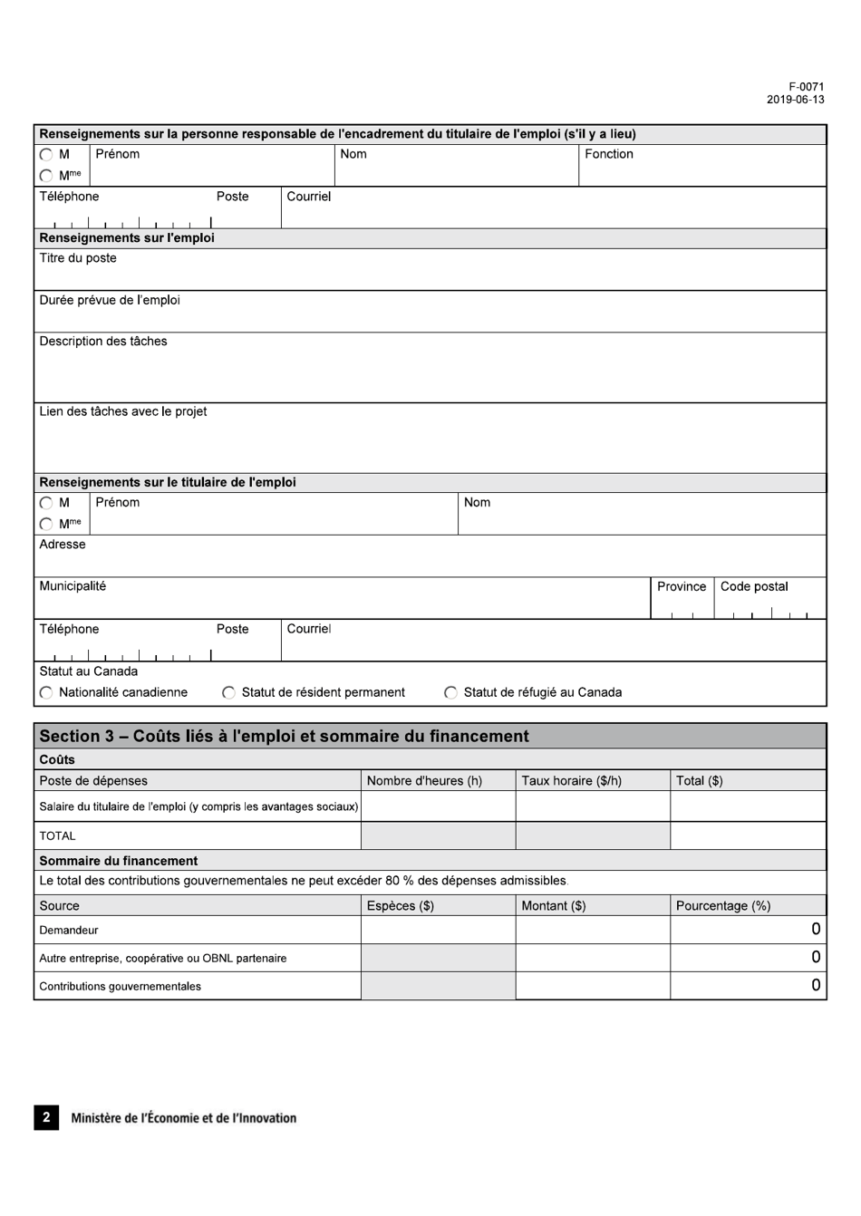 Forme F-0071 Programme Novascience - Volet 2 Premier Emploi En Recherche Demande Daide Financiere - Quebec, Canada (French), Page 2