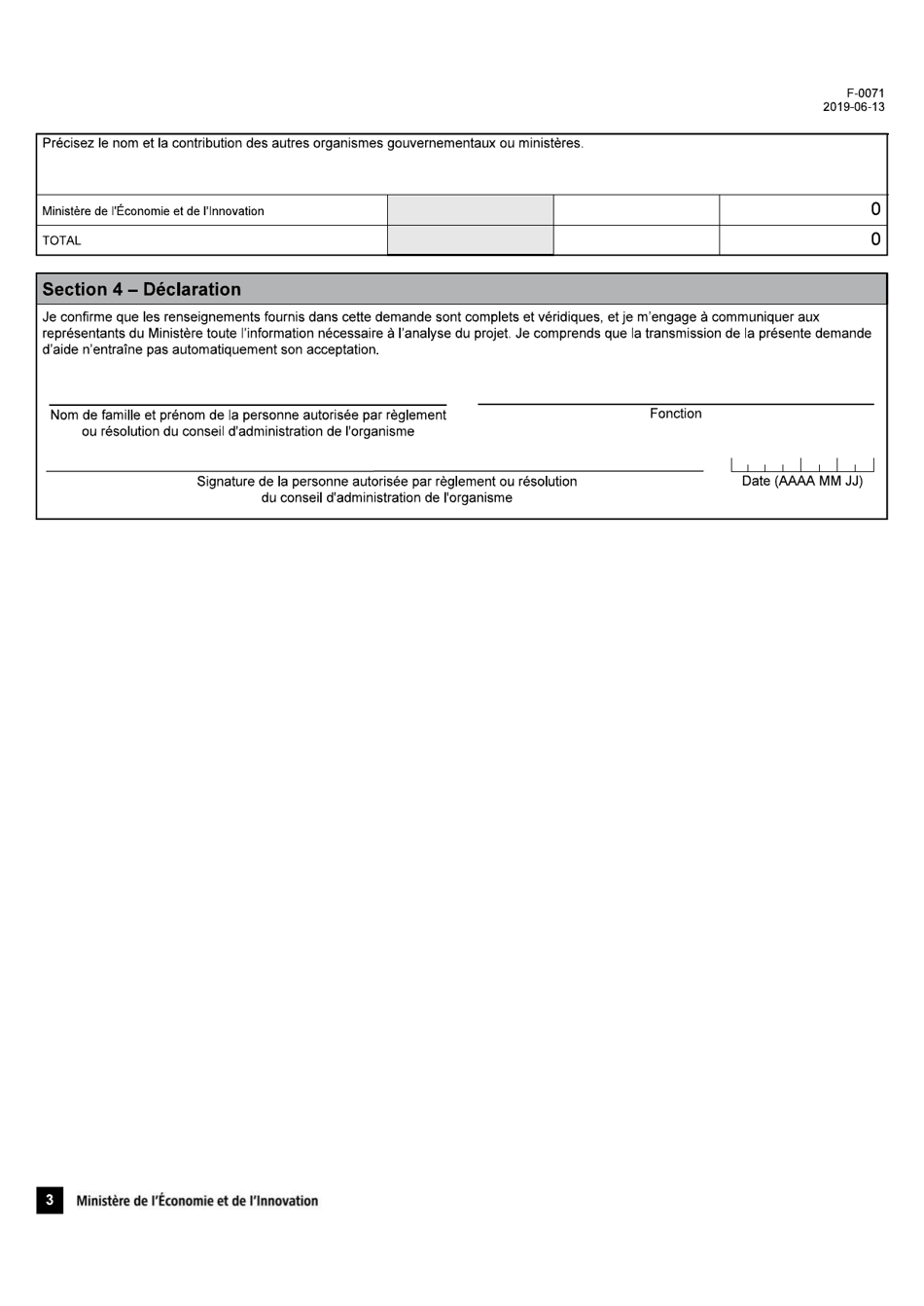 Forme F-0071 Programme Novascience - Volet 2 Premier Emploi En Recherche Demande Daide Financiere - Quebec, Canada (French), Page 3