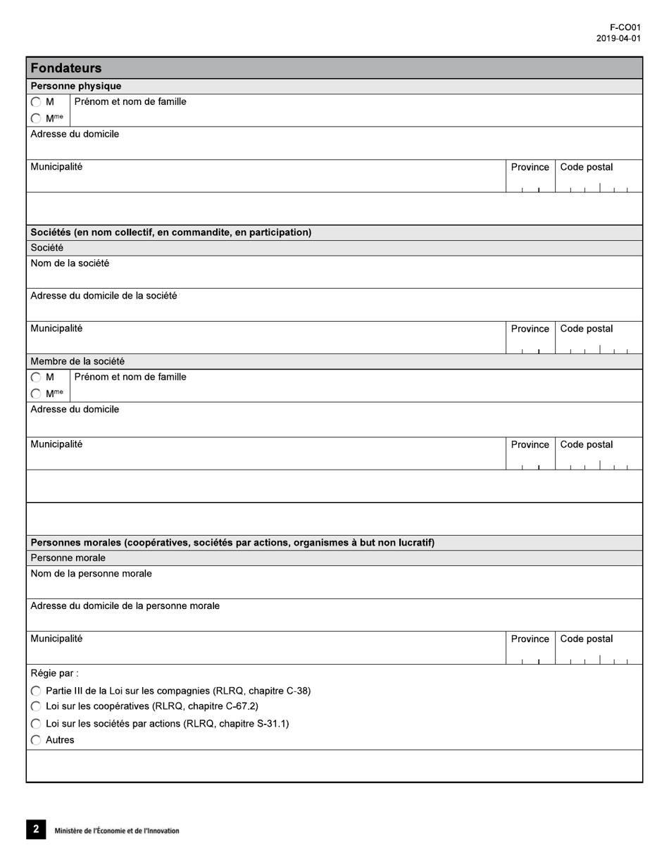 Forme 1 (F-CO01) Statuts De Constitution Dune Cooperative - Quebec, Canada (French), Page 2