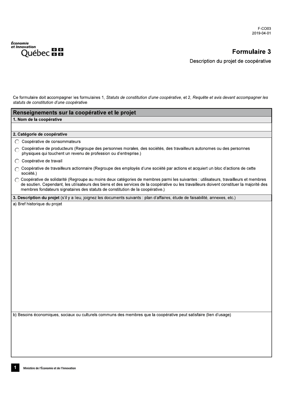 Forme 3 (F-CO03) Description Du Projet De Cooperative - Quebec, Canada (French), Page 1
