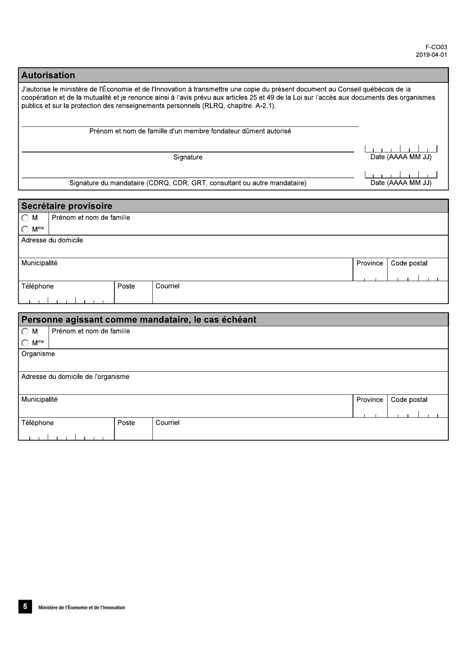 Forme 3 (F-CO03) Description Du Projet De Cooperative - Quebec, Canada (French), Page 5