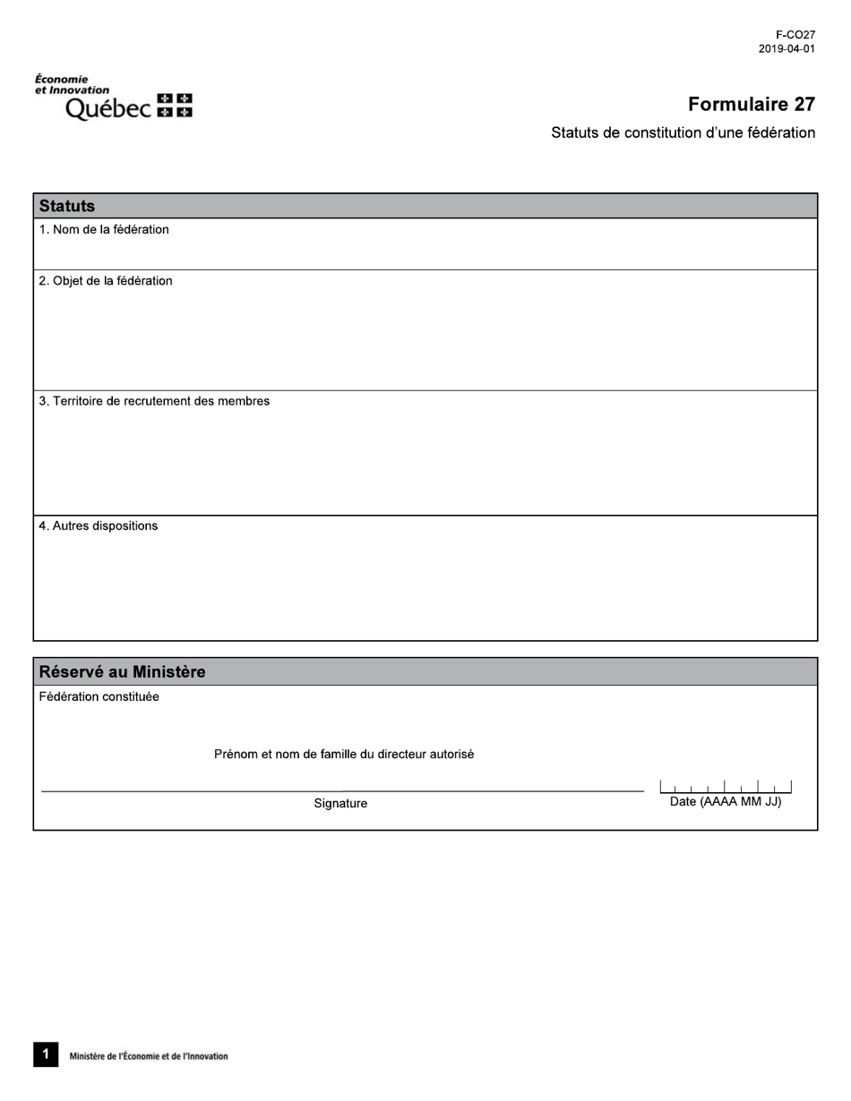 Forme 27 (F-CO27) Statuts De Constitution Dune Federation - Quebec, Canada (French), Page 1