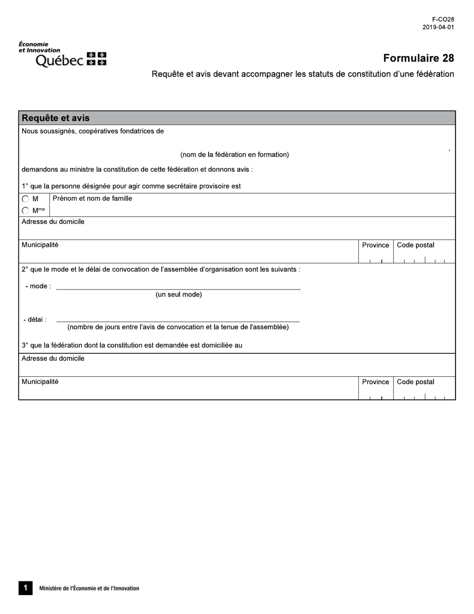 Forme 28 (F-CO28) Requete Et Avis Devant Accompagner Les Statuts De Constitution Dune Federation - Quebec, Canada (French), Page 1