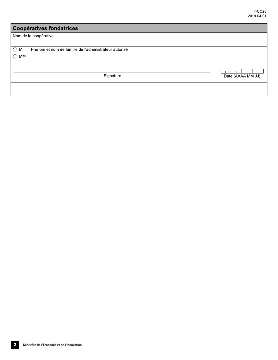 Forme 28 (F-CO28) Requete Et Avis Devant Accompagner Les Statuts De Constitution Dune Federation - Quebec, Canada (French), Page 2