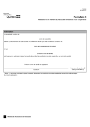 Document preview: Forme 4 (F-CO04) Attestation D'un Membre D'une Societe Fondatrice D'une Cooperative - Quebec, Canada (French)