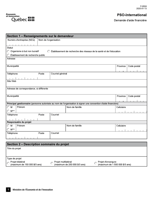 Forme F-0024 Pso-International Demande D'aide Financiere - Quebec, Canada (French)