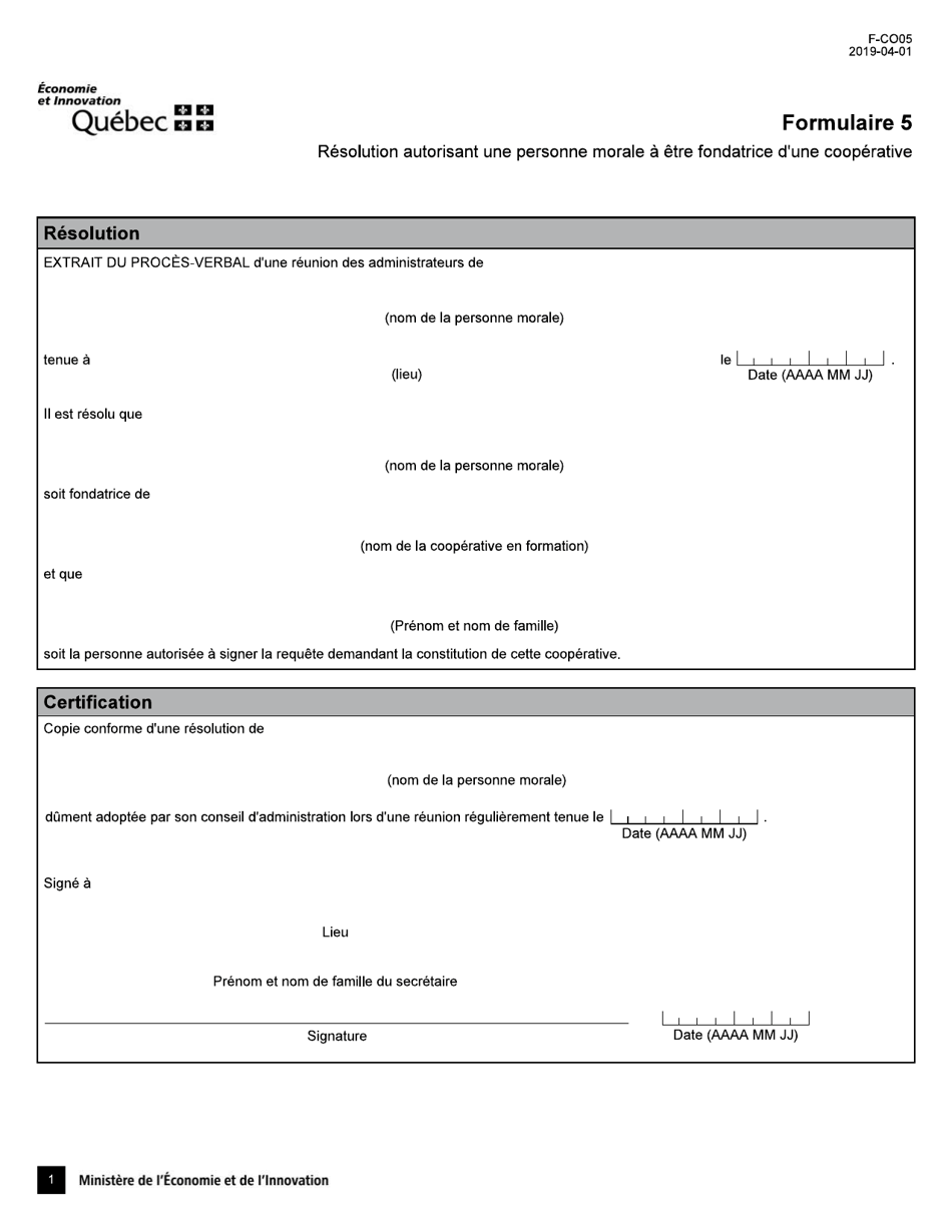 Forme 5 (F-CO05) Resolution Autorisant Une Personne Morale a Etre Fondatrice Dune Cooperative - Quebec, Canada (French), Page 1