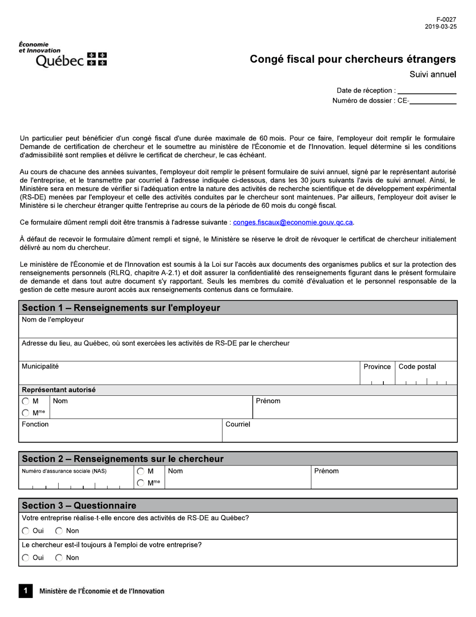 Forme F-0027 Conge Fiscal Pour Chercheurs Etrangers Suivi Annuel - Quebec, Canada (French), Page 1
