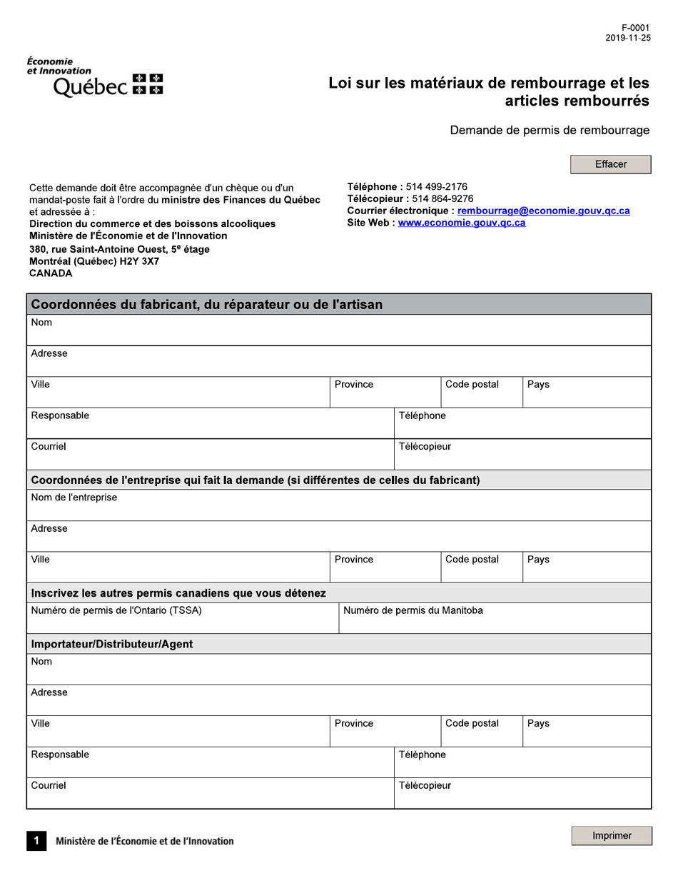 Forme F-0001 Loi Sur Les Materiaux De Rembourrage Et Les Articles Rembourres Demande De Permis De Rembourrage - Quebec, Canada (French), Page 1