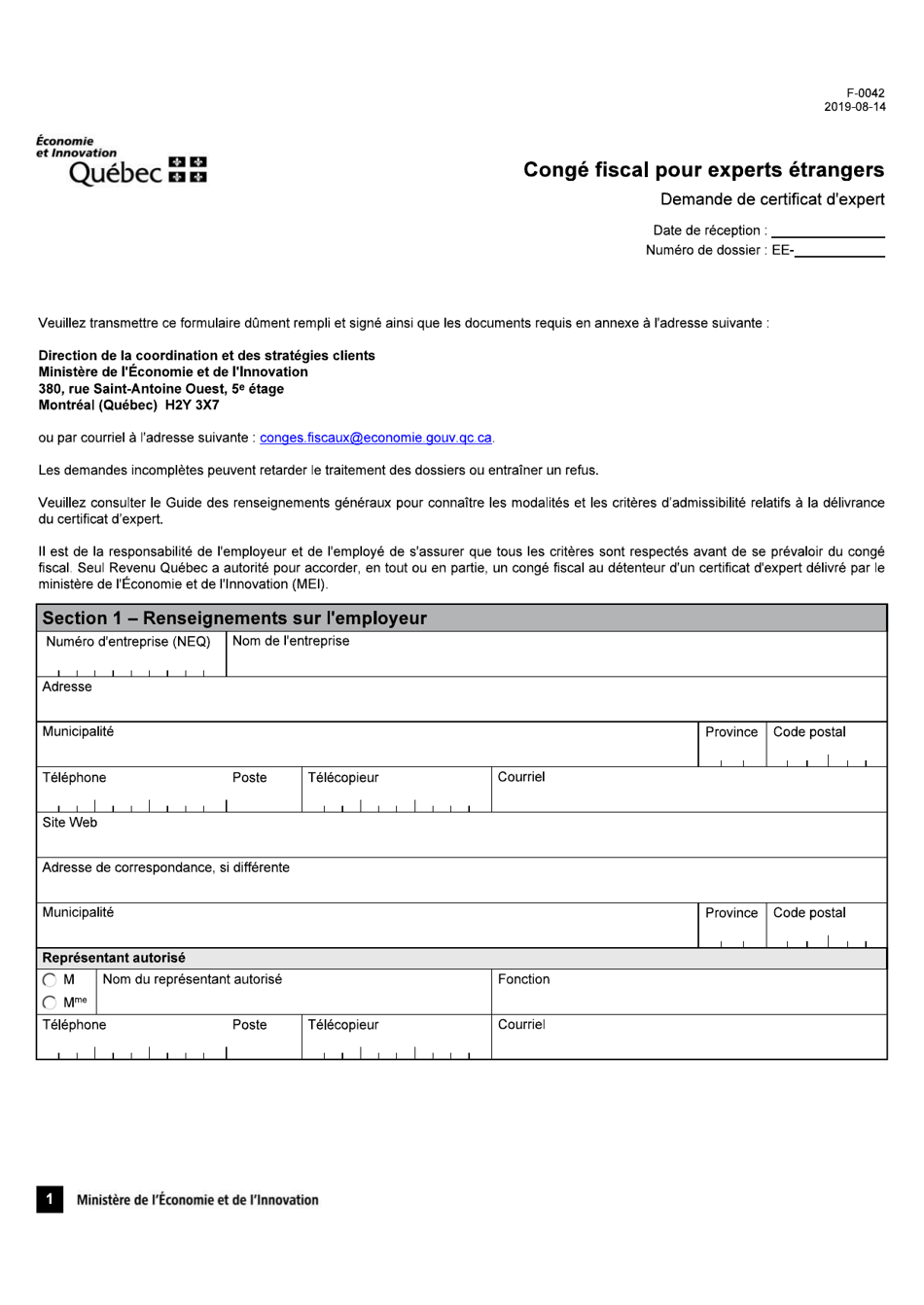 Forme F-0042 Congre Fiscal Pour Experts Etrangers Demande De Certificat Dexpert - Quebec, Canada (French), Page 1