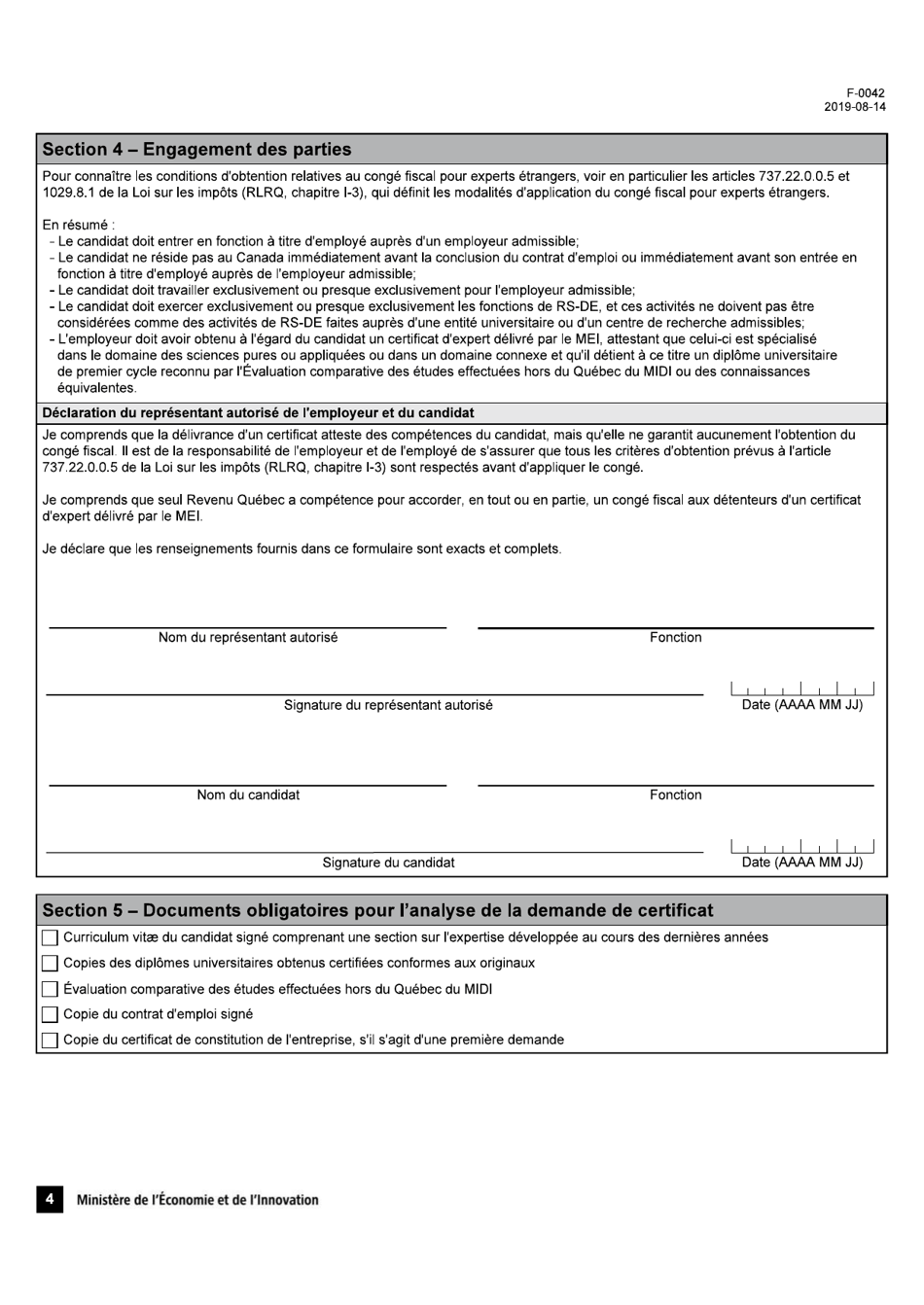 Forme F-0042 Congre Fiscal Pour Experts Etrangers Demande De Certificat Dexpert - Quebec, Canada (French), Page 4