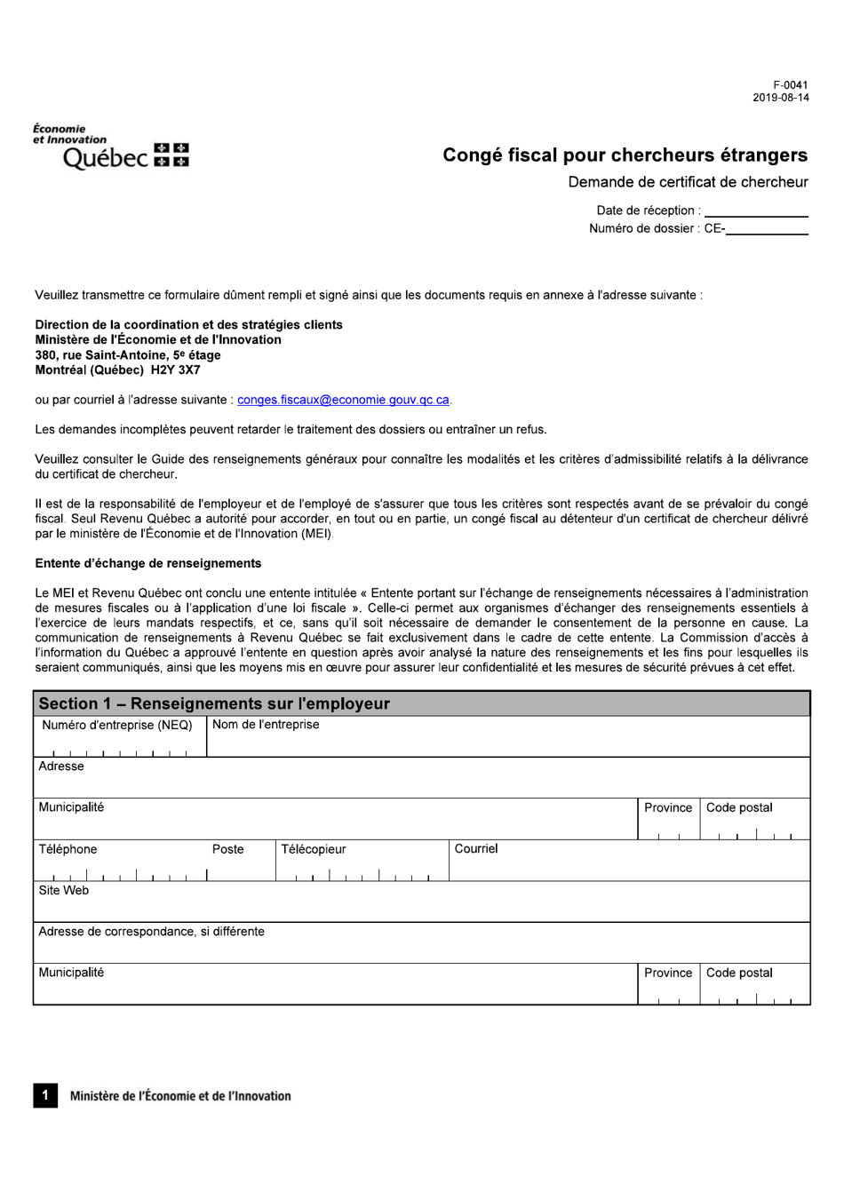 Forme F-0041 Congre Fiscal Pour Chercheurs Etrangers Demande De Certificat De Chercheur - Quebec, Canada (French), Page 1