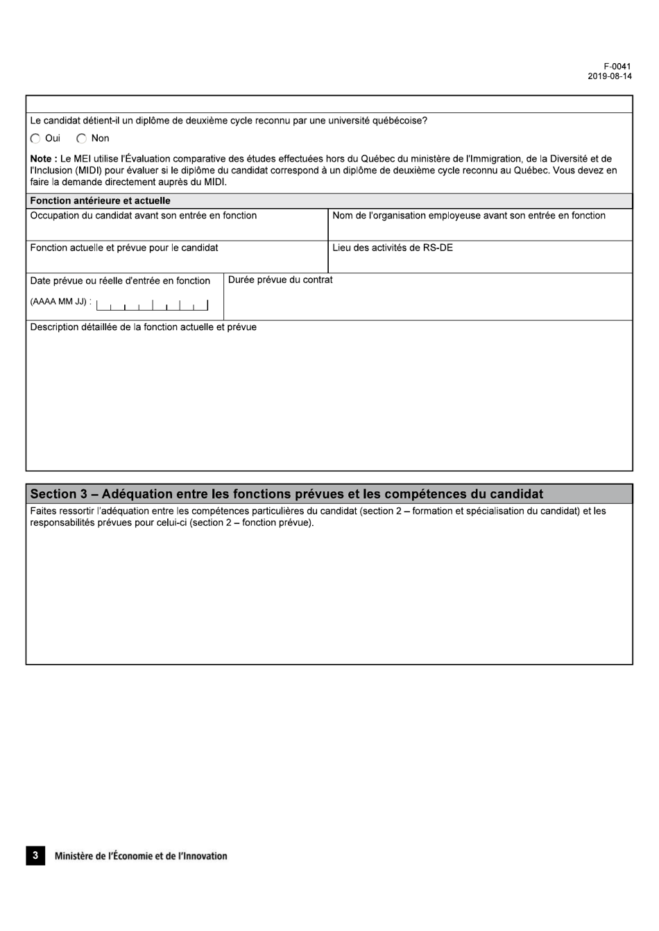Forme F-0041 Congre Fiscal Pour Chercheurs Etrangers Demande De Certificat De Chercheur - Quebec, Canada (French), Page 3