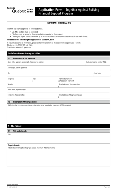 Form FO-8005A Application Form - Together Against Bullying Financial Support Program - Quebec, Canada