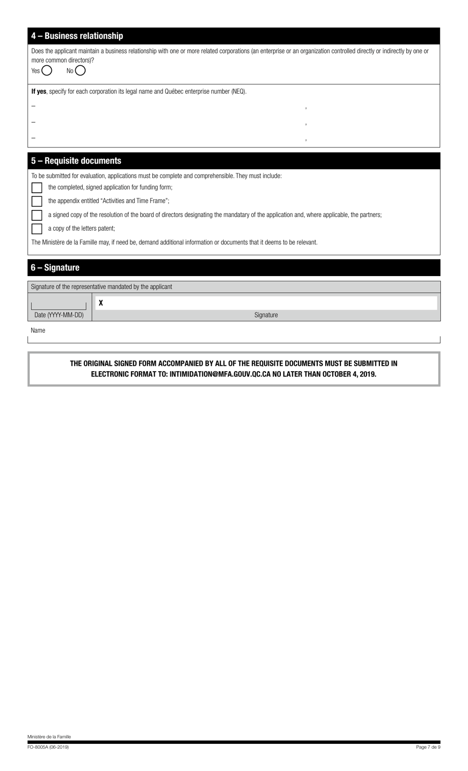 Form FO-8005A Application Form - Together Against Bullying Financial Support Program - Quebec, Canada, Page 7