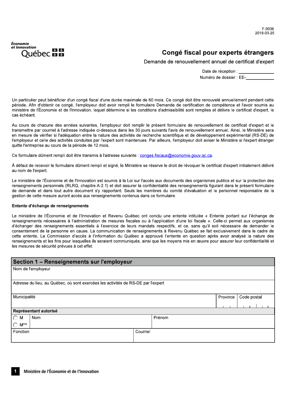 Forme F-0036 Congre Fiscal Pour Experts Etrangers Demande De Renouvellement Annuel De Certificat Dexpert - Quebec, Canada (French), Page 1