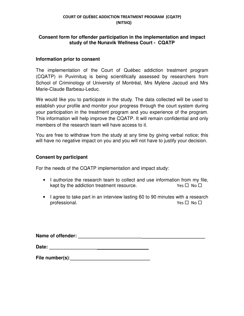 Quebec Canada Consent Form for Offender Participation in the ...