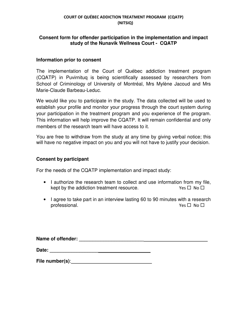 Consent Form for Offender Participation in the Implementation and Impact Study of the Nunavik Wellness Court - Cqatp - Quebec, Canada, Page 1