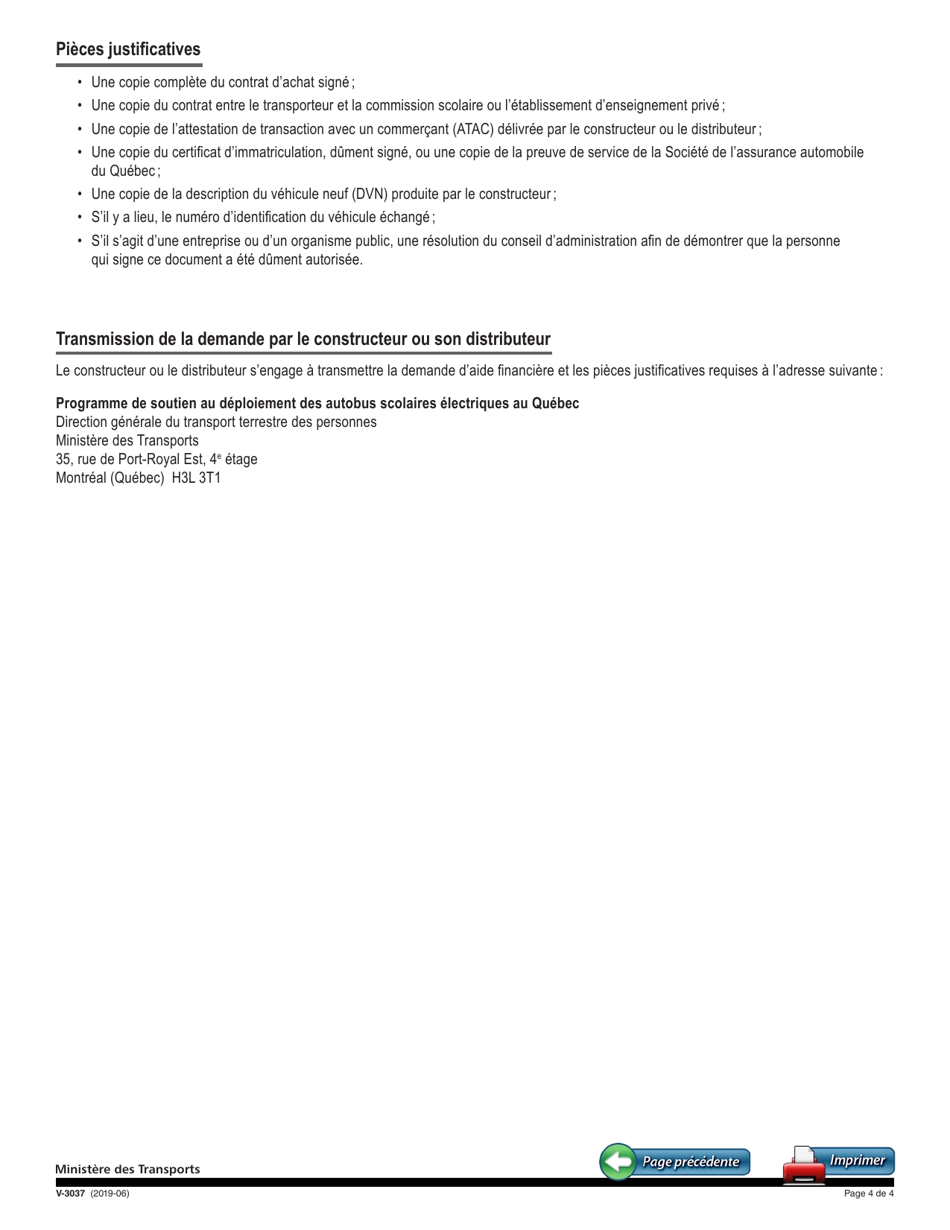 Forme V-3037 Programme De Soutien Au Deploiement DES Autobus Scolaires Electriques Au Quebec Demande Daide Financiere Pour Lacquisition Dun Autobus Scolaire Electrique - Quebec, Canada (French), Page 4