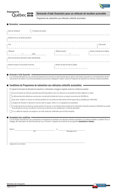Forme V-3043 Demande D&#039;aide Financiere Pour Un Vehicule De Location Accessible - Quebec, Canada (French)