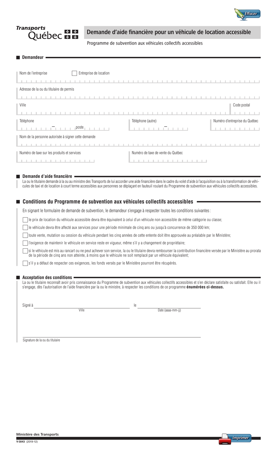 Forme V-3043 Demande Daide Financiere Pour Un Vehicule De Location Accessible - Quebec, Canada (French), Page 1