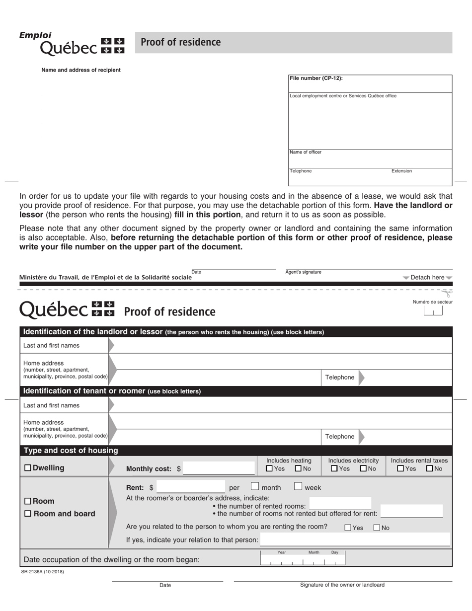 Form SR-2136A Proof of Residence - Quebec, Canada, Page 1