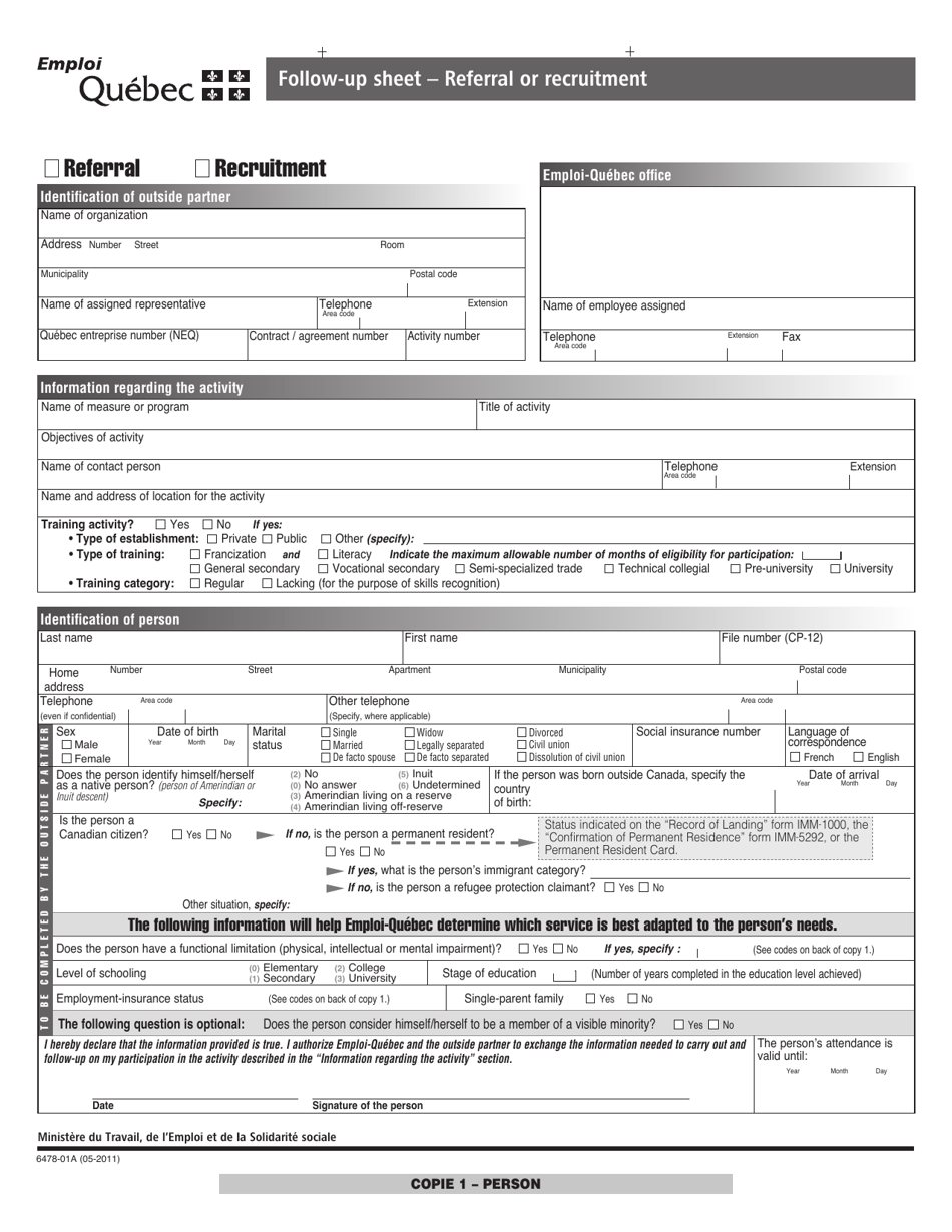 Form 647801A Fill Out, Sign Online and Download Fillable PDF, Quebec Canada Templateroller