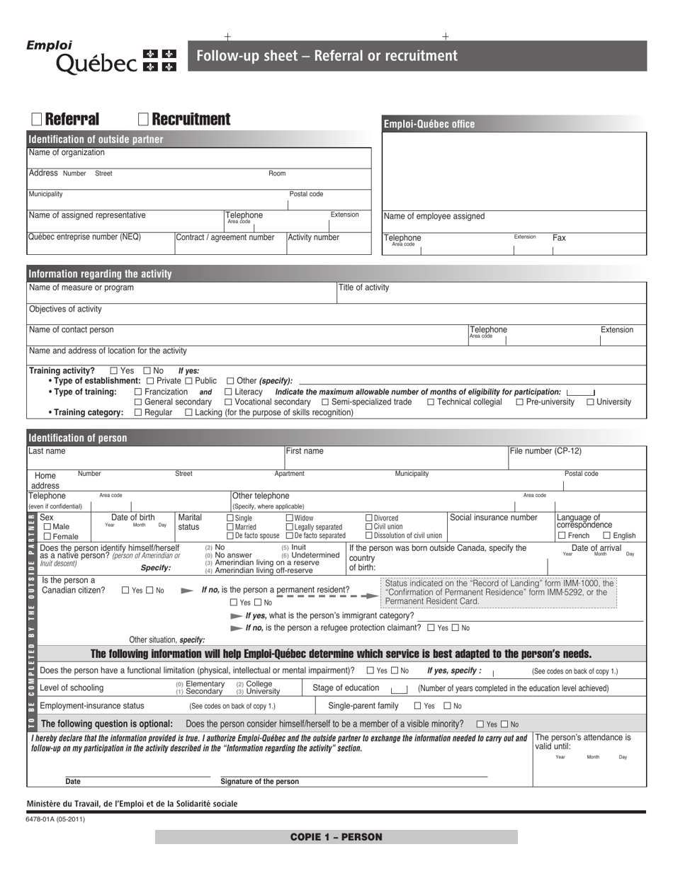 Form 6478-01A Follow-Up Sheet  Referral or Recruitment - Quebec, Canada, Page 1