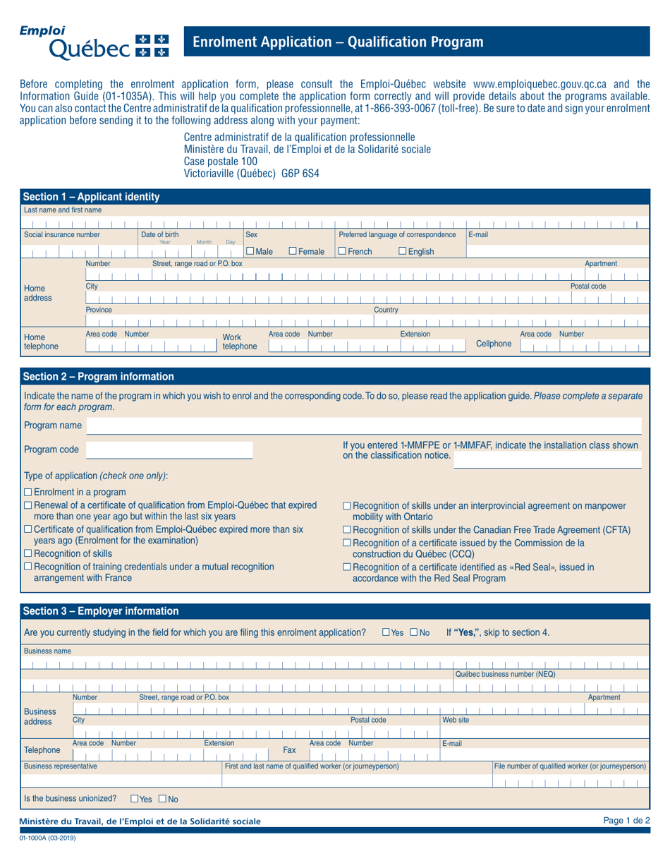Form 01-1000A Enrolment Application  Qualification Program - Quebec, Canada, Page 1