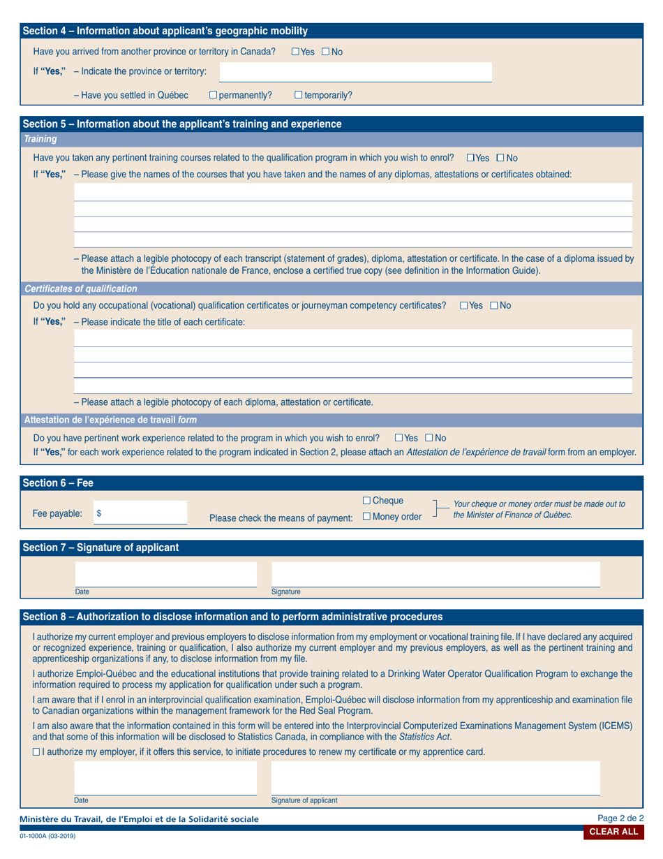 Form 01-1000A Enrolment Application  Qualification Program - Quebec, Canada, Page 2