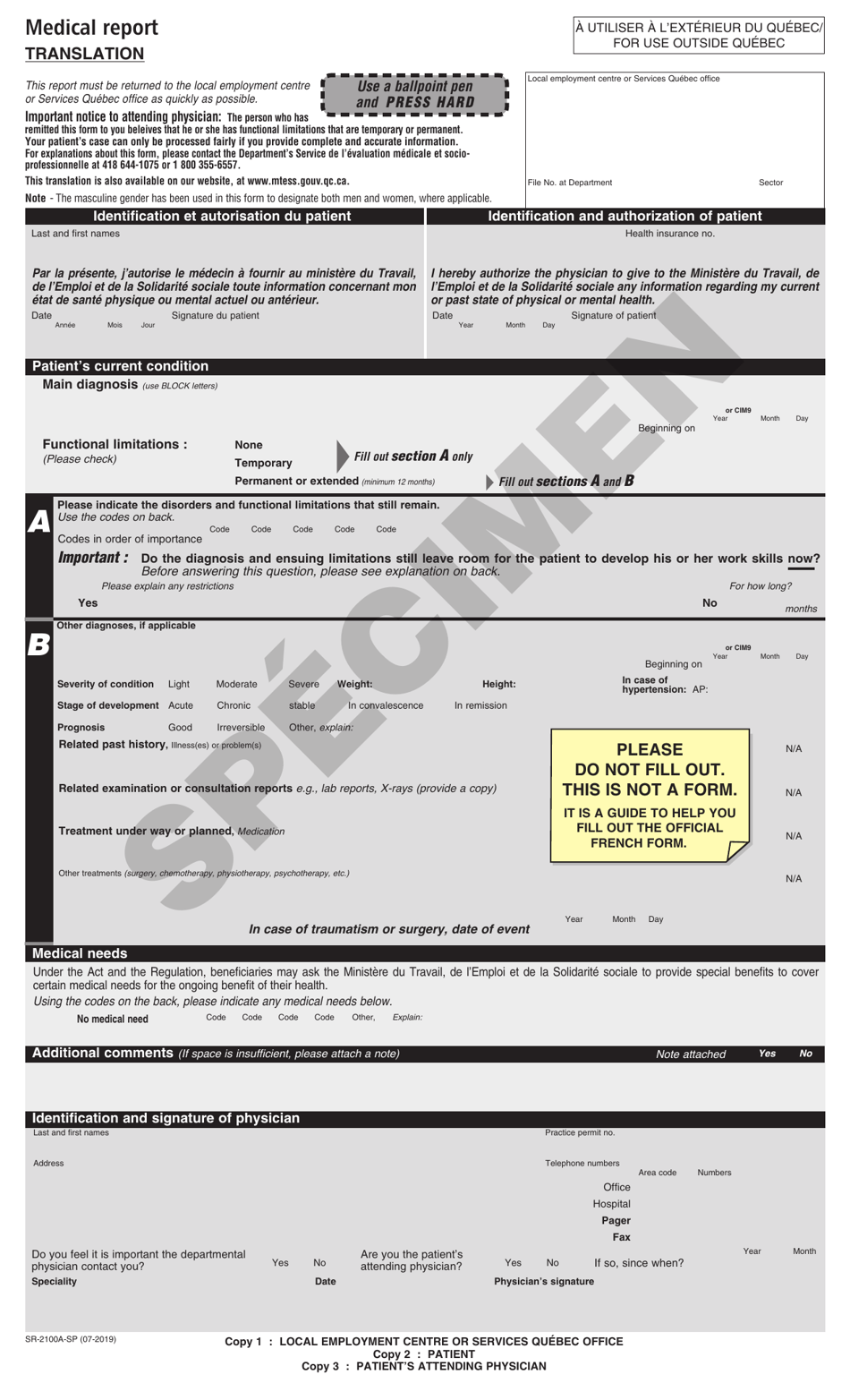 Form SR-2100A Medical Report - Quebec, Canada, Page 1