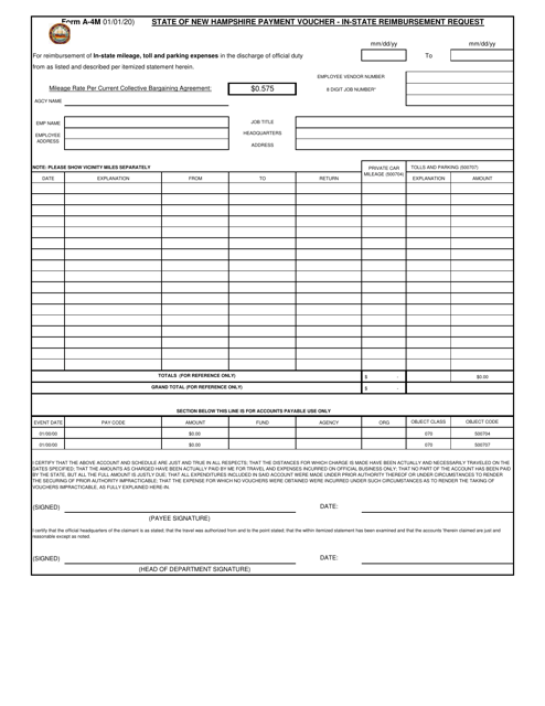Form A-4M State of New Hampshire Payment Voucher - in-State Reimbursement Request - New Hampshire