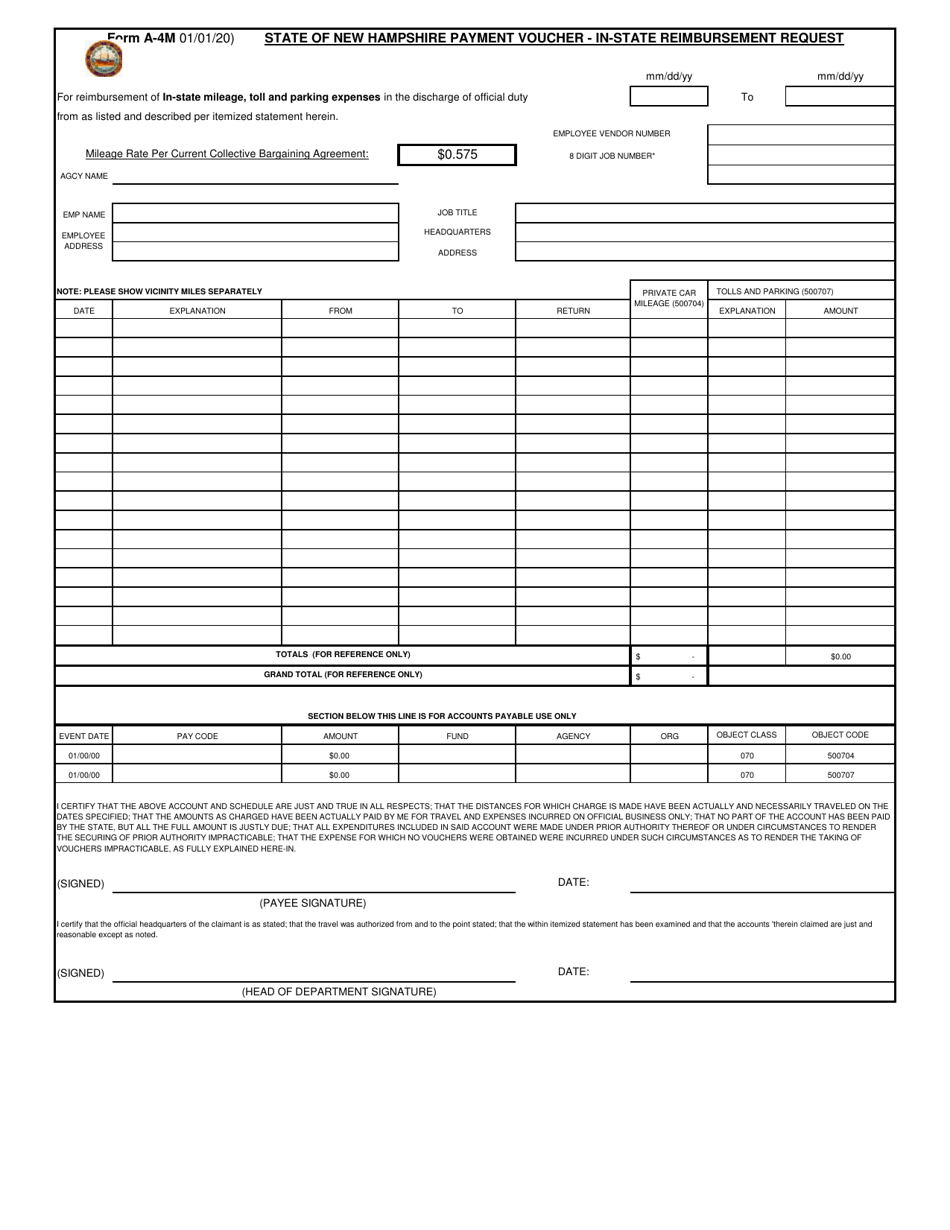 Form A-4M State of New Hampshire Payment Voucher - in-State Reimbursement Request - New Hampshire, Page 1