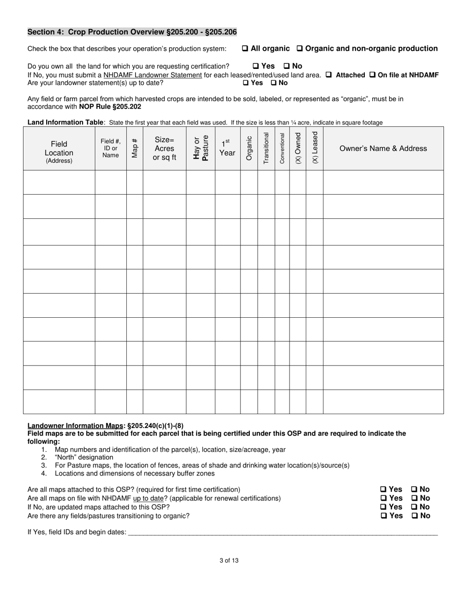 Organic System Plan (Osp) for Crop - Hay / Pasture Production - New Hampshire, Page 3