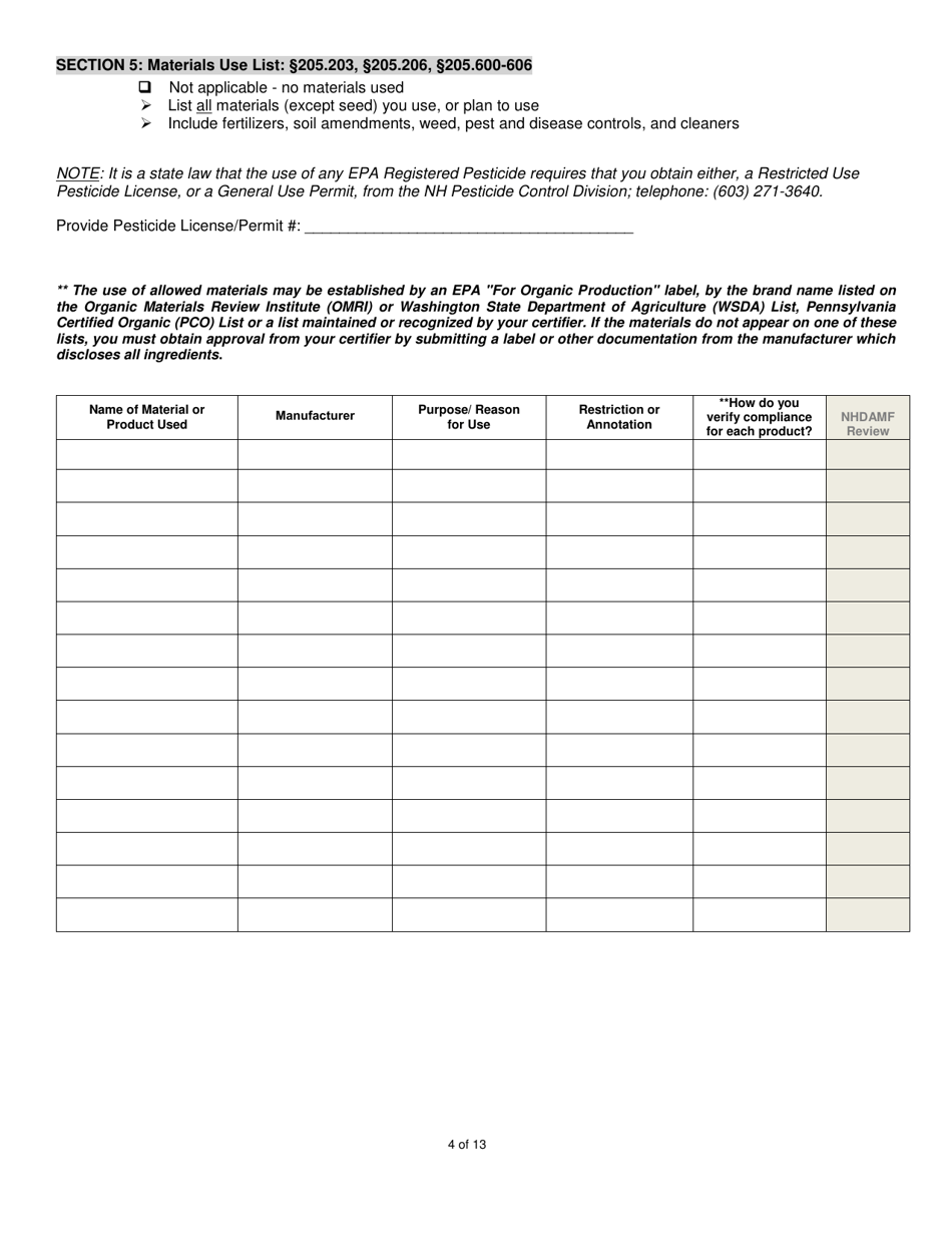 Organic System Plan (Osp) for Crop - Hay / Pasture Production - New Hampshire, Page 4