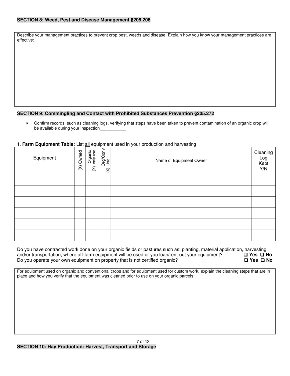 Organic System Plan (Osp) for Crop - Hay / Pasture Production - New Hampshire, Page 7