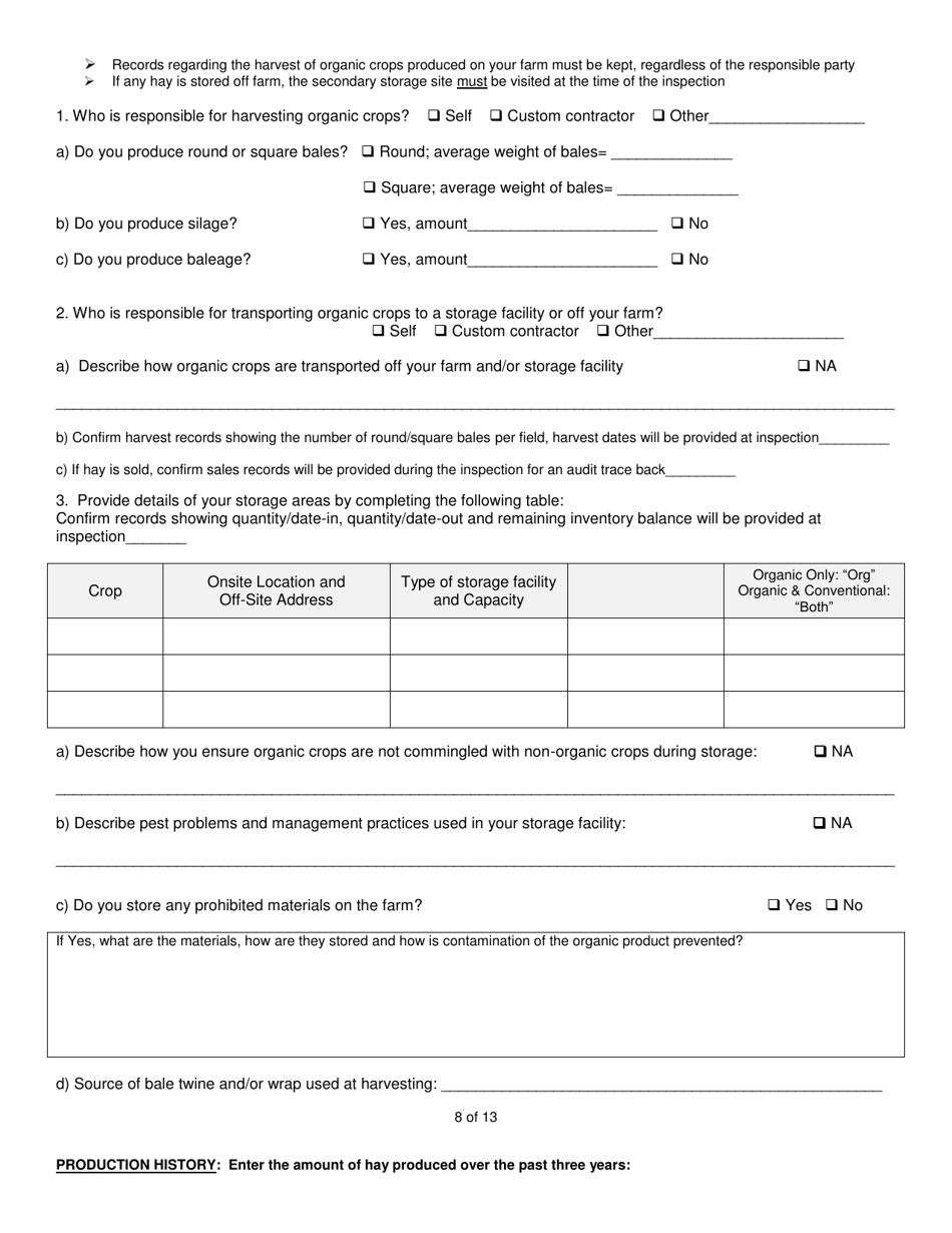 Organic System Plan (Osp) for Crop - Hay / Pasture Production - New Hampshire, Page 8