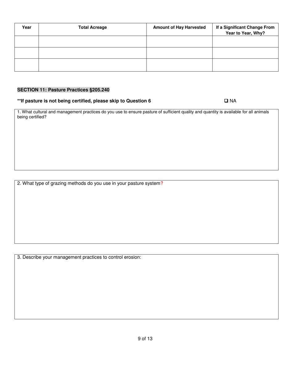 Organic System Plan (Osp) for Crop - Hay / Pasture Production - New Hampshire, Page 9