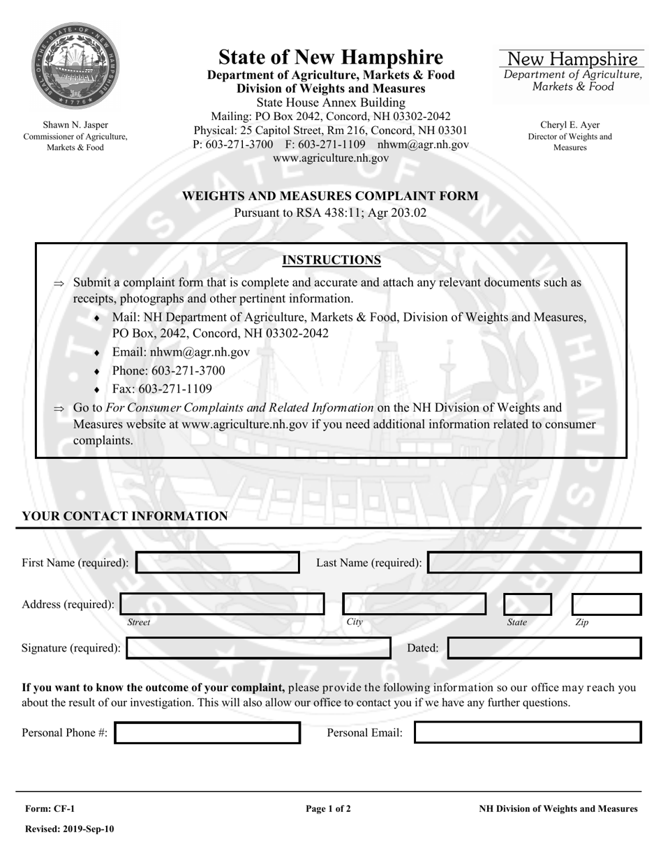 Form CF-1 Weights and Measures Complaint Form - New Hampshire, Page 1